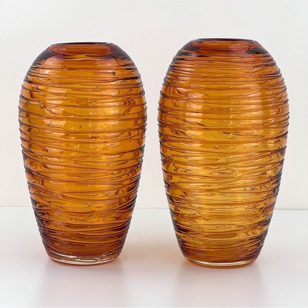 Eastern Amber Applied Threading Art Glass Hand Blown Vases Fulvio Bianconi Style
